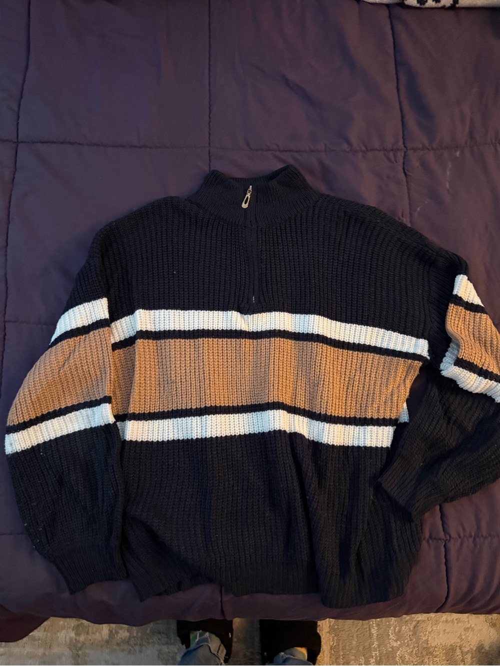 Women’s Half-Zip Ribbed Knit Sweater - Navy with Tan & White Stripes